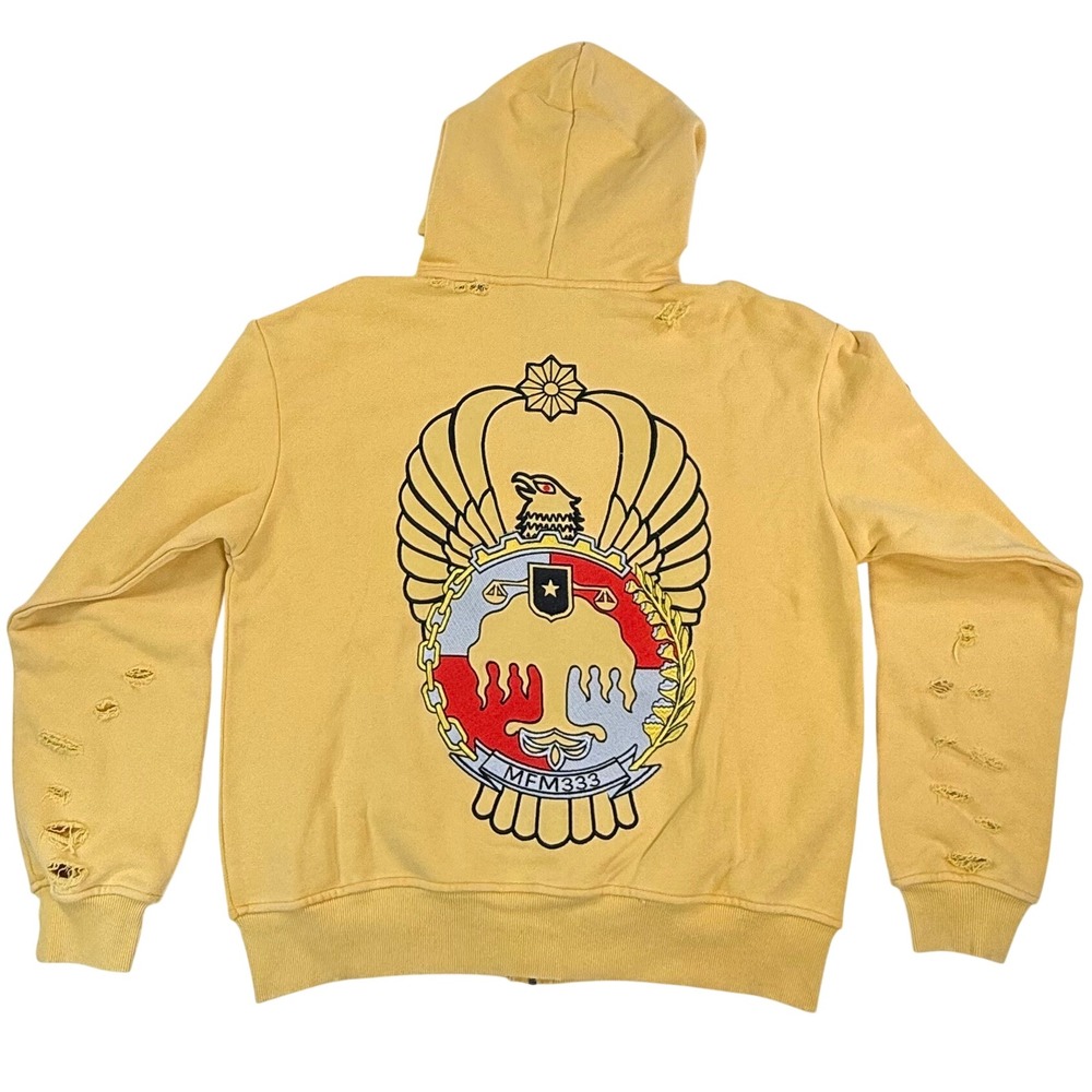 MFM333 Special Ops Distressed Full Zip Hoodie Yellow Eagle Crest Mens Medium